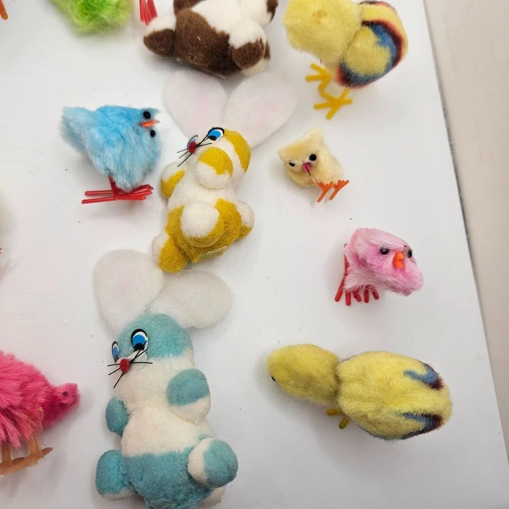 Vintage Flocked Easter Bunny & Chick Lot Feather Chicks Japan Style Spring Decor